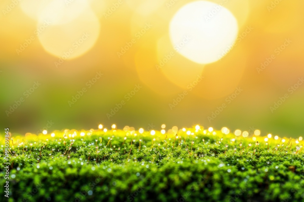 Obraz premium Illuminated Moss Surrounded by Golden Sunlight Creating a Serene and Magical Atmosphere in Nature's Green Carpet