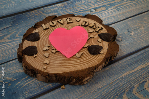 Close-up photo of a valentine's day concept, heart-shaped posit on a wooden board. 