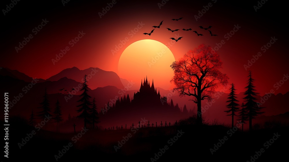 Blood Red Halloween Night: Spooky Castle Silhouette Underneath Crimson Sunset Blood Red Halloween Night: Spooky Castle Silhouette Underneath Crimson Sunset