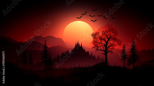 Blood Red Halloween Night: Spooky Castle Silhouette Underneath Crimson Sunset