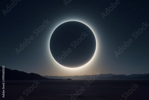 Rare total solar eclipse on sunny day in vast desert landscape.