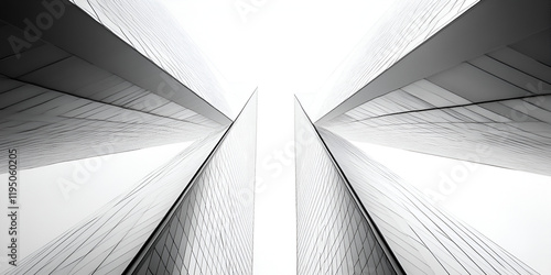 Aspiring High:  A stark, minimalist, black and white perspective shot capturing the towering verticality of modern skyscrapers, their steel and glass facades reflecting the bright sky above.