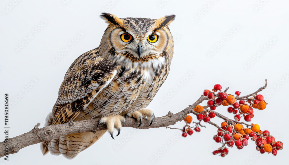 Obraz premium A majestic owl perched on a branch with vivid brown and white feathers, sharp glowing eyes, intricate feather details, and vibrant red-orange berries accenting the scene against a clean white backgrou