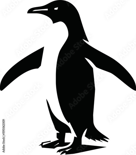 Vector illustration of a black silhouette of a penguin. Isolated white background. Side view, profile.