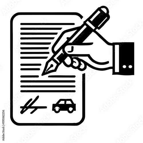 Pen signing car contract in a minimalistic black-and-white vector style with clean lines