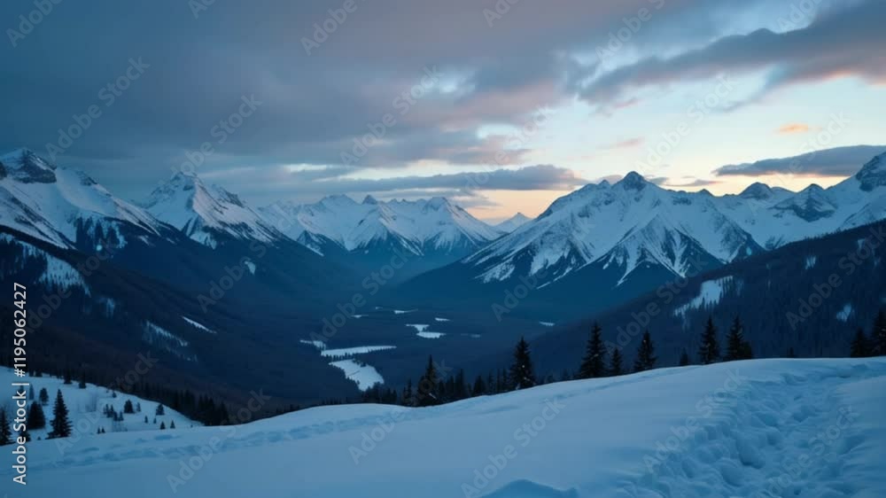 Majestic winter mountain landscape with snow-covered peaks during twilight Majestic winter mountain landscape with snow-covered peaks during twilight