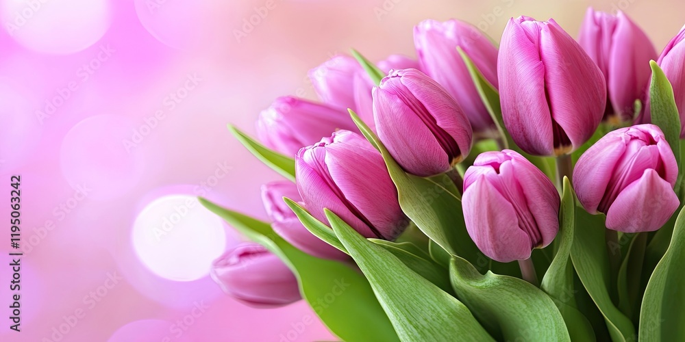 Aesthetic close-up of vibrant pink tulip bouquet against a soft bokeh pink background showcasing lush green leaves with ample copy space. Aesthetic close-up of vibrant pink tulip bouquet against a soft bokeh pink background showcasing lush green leaves with ample copy space.