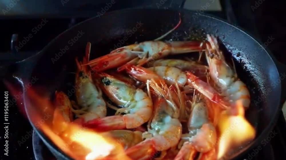 Shrimp tossed in pan flames curl around seafood glistens or Fire reflections create vivid action Shrimp tossed in pan flames curl around seafood glistens or Fire reflections create vivid action
