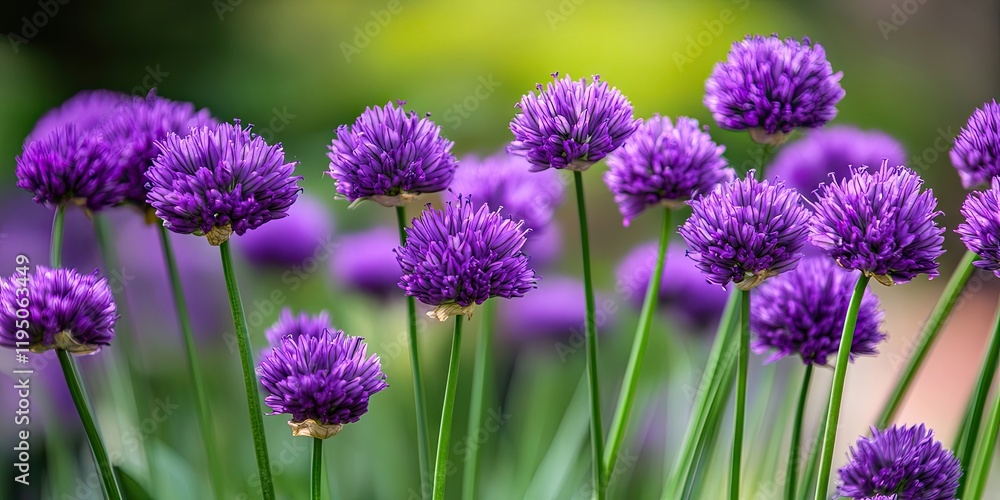 Vibrant purple chive flowers bloom in a lush herb garden with green stems and a blurred yellow background showcasing springtime colors. Vibrant purple chive flowers bloom in a lush herb garden with green stems and a blurred yellow background showcasing springtime colors.