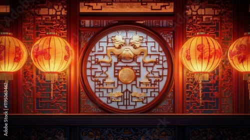 The Chinese New Year round window is framed with lanterns and golden symbols of fortune. Intricate patterns on the window's frame evoke traditional Chinese designs,