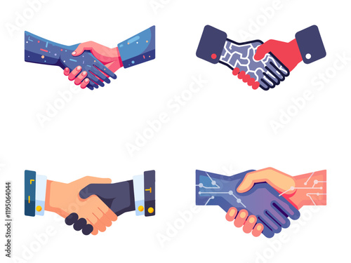 Robot and Human Handshake Icons Set Representing Collaboration and AI Integration
