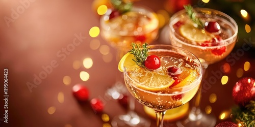 Sparkling Christmas cocktail with citrus slices and cranberries in crystal glasses on a brown background with festive bokeh lights. photo