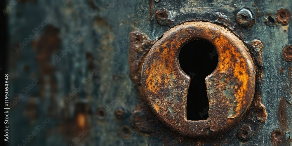 Close-up of a weathered rusted keyhole set against a textured dark green and brown background highlighting corrosion and vintage aesthetic.