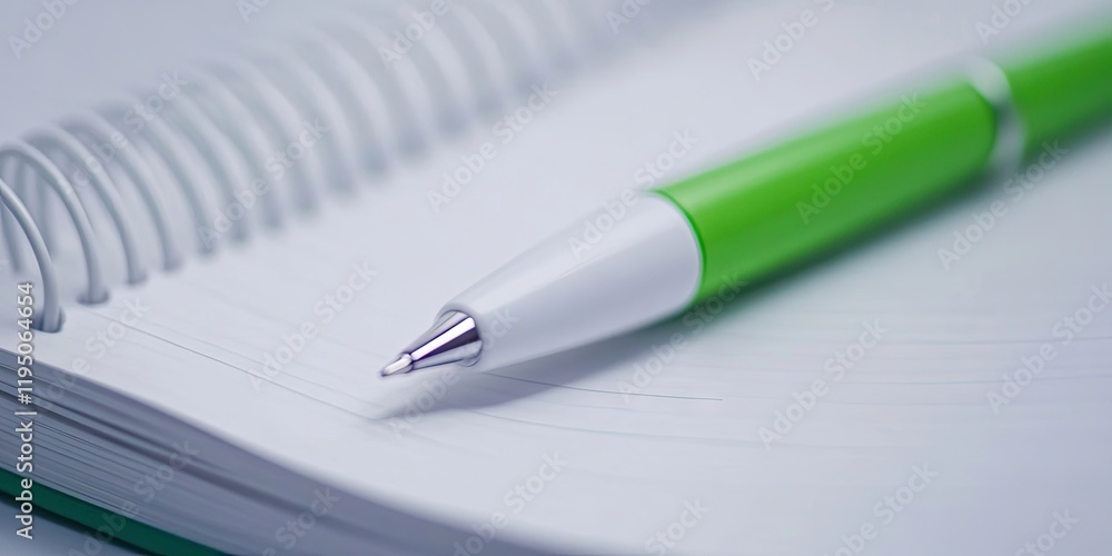 Close-up of a white and green pen resting on a spiral notebook with blank pages showcasing a soft focus background in calming hues. Close-up of a white and green pen resting on a spiral notebook with blank pages showcasing a soft focus background in calming hues.