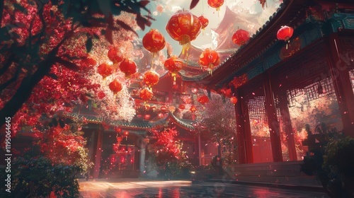 The Chinese temple is filled with an aura of celebration for the Chinese New Year. Vibrant red lanterns and paper decorations flutter in the wind,