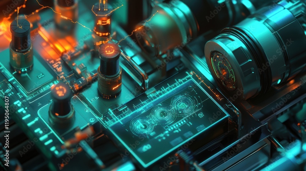 Fototapeta premium A detailed image of interconnected sensors on a factory machine with blinking lights indicating data collection and overlay graphics showcasing simulated performance metrics.