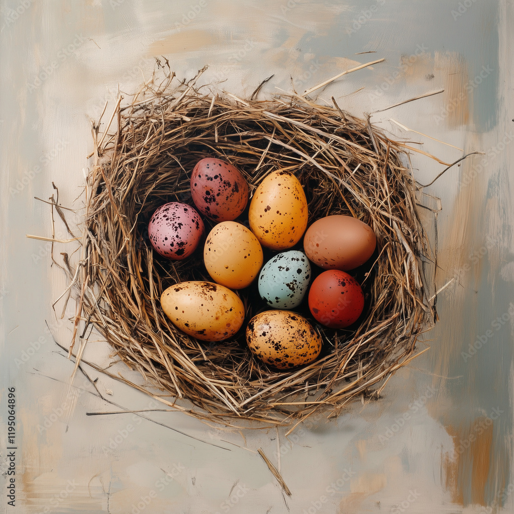 Obraz premium osternest, osterei, osterhase, ostern, ei, nest, ostern, essen, halme, ei, braun, feigling, isoliert, weiß, bird, heu, frisch, natur, frühling, henne, bauernhof, auflösungszeichen, korb, close up, frü