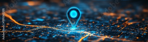 Futuristic blue 3D location pin icon, road map background, GPS pointer for route direction, global positioning system search, and push pin marker photo