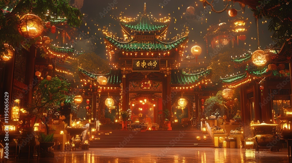 The Chinese temple stands proud, celebrating the Chinese New Year with decorations of red, gold, and green. The Chinese temple stands proud, celebrating the Chinese New Year with decorations of red, gold, and green.