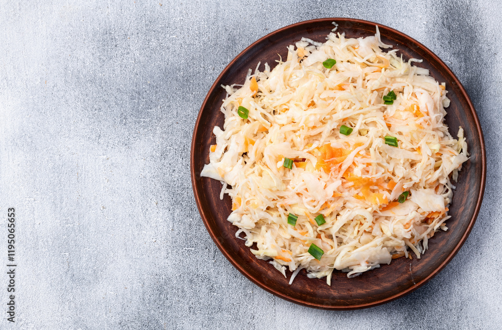 Tasty marinated cabbage with carrot, healthy food Sauerkraut photography . Top view Tasty marinated cabbage with carrot, healthy food Sauerkraut photography . Top view