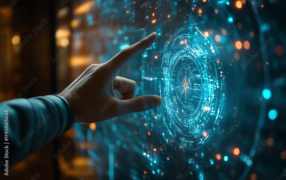 Hand reaching out to a glowing digital HUD display, futuristic virtual screen technology, hologram innovation, cyber communication concept, and VR interface Hand reaching out to a glowing digital HUD display, futuristic virtual screen technology, hologram innovation, cyber communication concept, and VR interface