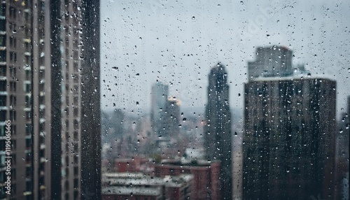 Urban Cityscape with Rain Droplets on Glass Capturing Rooftops and Skyscrapers 