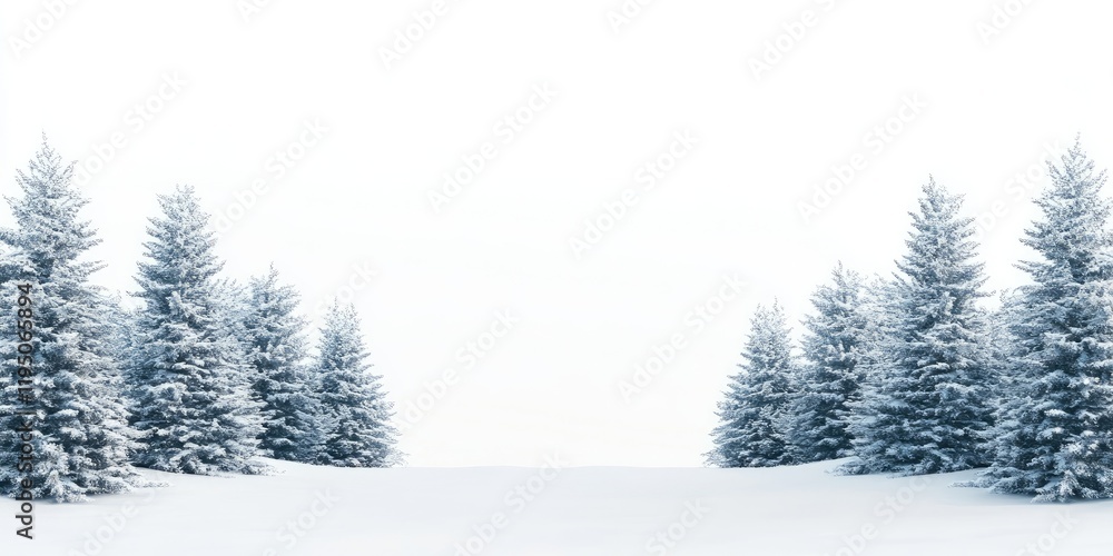 Fototapeta premium Snowy winter landscape with frosted fir trees on both sides, bright white sky, and ample copy space for holiday greetings or messages.