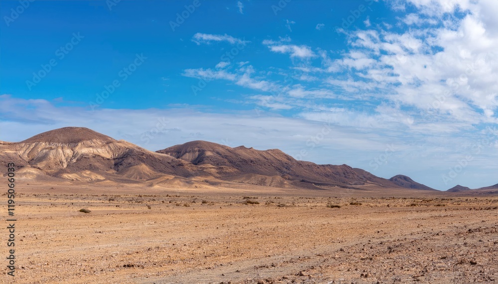 Vast desert landscape with mountains under a bright blue sky and scattered clouds. Nature and wilderness concept Vast desert landscape with mountains under a bright blue sky and scattered clouds. Nature and wilderness concept