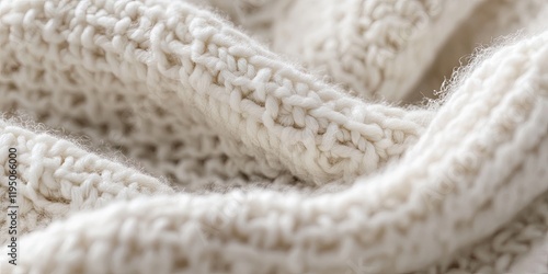 Textured close-up of irregular white knitted wool fabric with soft organic patterns and a subtle sheen, highlighting intricate stitching details.