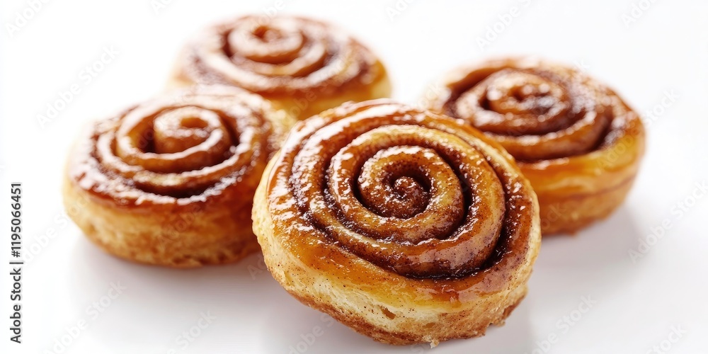 Cinnamon rolls stacked in a circular pattern on a white background showcasing golden brown spirals with rich caramel glaze and soft texture. Cinnamon rolls stacked in a circular pattern on a white background showcasing golden brown spirals with rich caramel glaze and soft texture.