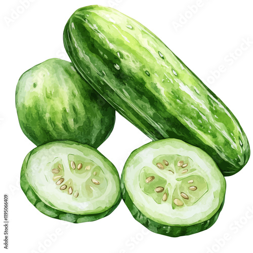 A watercolor illustration of Cucumber, isolated on a white background. Cucumber vector.
