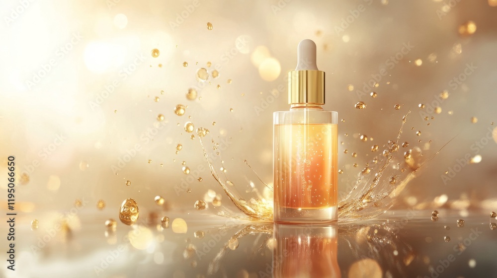 Glowing Serum Bottle with Droplet on Sparkling Background Glowing Serum Bottle with Droplet on Sparkling Background
