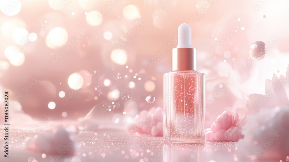 Soft Pink Serum Bottle with Sparkles and Floral Background Soft Pink Serum Bottle with Sparkles and Floral Background