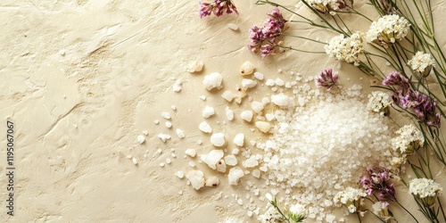 Wallpaper Mural Aromatic sea salt and delicate flowers scattered on a beige textured surface with ample blank space for text in the upper right corner Torontodigital.ca