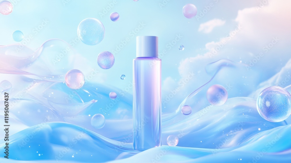 Serene Cosmetic Bottle Surrounded by Soft Bubbles and Waves Serene Cosmetic Bottle Surrounded by Soft Bubbles and Waves