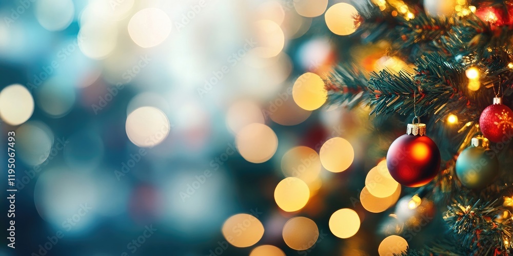 Colorful bokeh lights create a soft, dreamy background for Christmas decorations with festive red and gold ornaments on a lush green tree. Colorful bokeh lights create a soft, dreamy background for Christmas decorations with festive red and gold ornaments on a lush green tree.