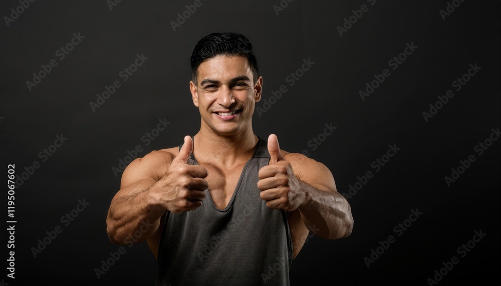 Muscular Man Shows Thumbs Up Smiling Against Dark Background Muscular Man Shows Thumbs Up Smiling Against Dark Background