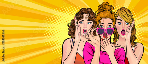 Woman whispering gossip secret to her friend surprise In Retro Vintage Pop Art Comic Style