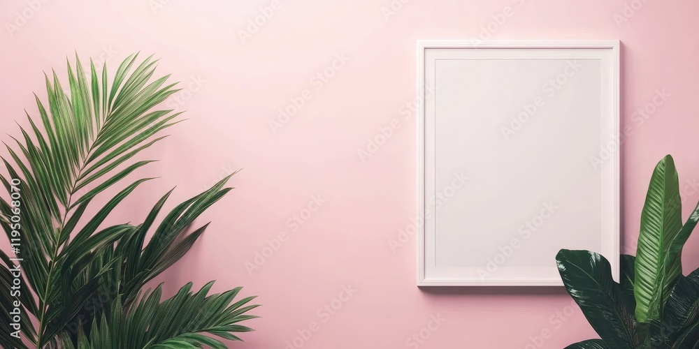 Minimalistic arrangement with empty white picture frame and lush green leaves on left against soft pale pink backdrop providing ample copy space Minimalistic arrangement with empty white picture frame and lush green leaves on left against soft pale pink backdrop providing ample copy space
