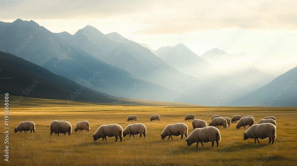 Obraz premium flock of sheep with thick wool coats, grazing peacefully on a sunlit meadow, with distant mountains creating a serene backdrop