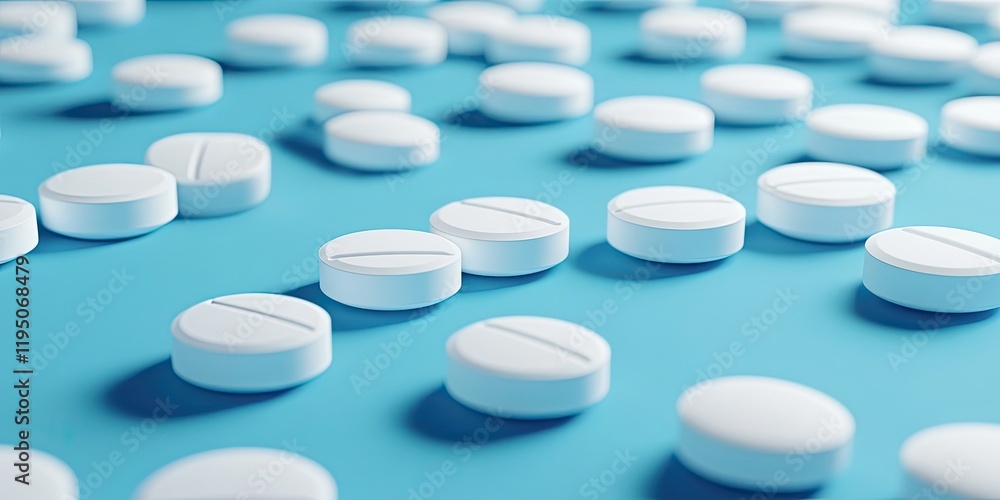 White circular tablets scattered on a blue background with space for text, emphasizing health and pharmaceutical themes, ideal for medical designs. White circular tablets scattered on a blue background with space for text, emphasizing health and pharmaceutical themes, ideal for medical designs.