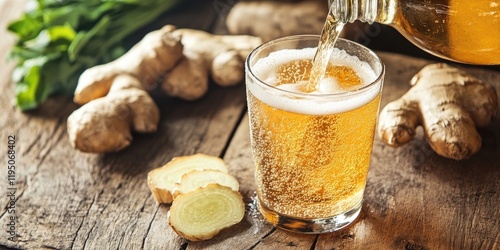 Close-up of ginger beer pouring into a glass on rustic wooden table with ginger roots nearby and fresh ginger slices on the side