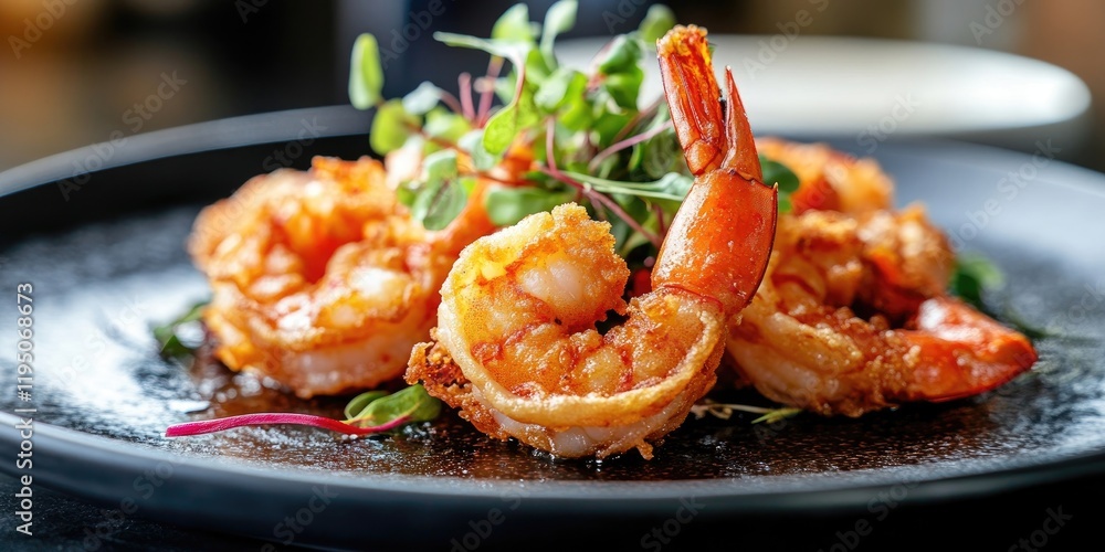 Crispy golden shrimp garnished with fresh microgreens on a sleek black plate against a softly blurred background highlighting the dish's elegance Crispy golden shrimp garnished with fresh microgreens on a sleek black plate against a softly blurred background highlighting the dish's elegance