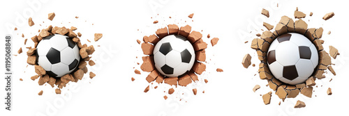 Breaking through wall, three 3D footballs create dynamic debris