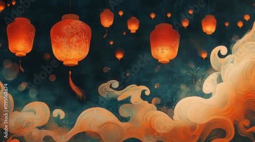 The scene depicts Chinese lanterns drifting above, casting their light on beautifully swirled Chinese-patterned clouds below.