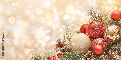 Wallpaper Mural Festive Christmas greeting card design with red and gold ornaments, pine cones, and a soft bokeh background, ample space for text on the right. Torontodigital.ca