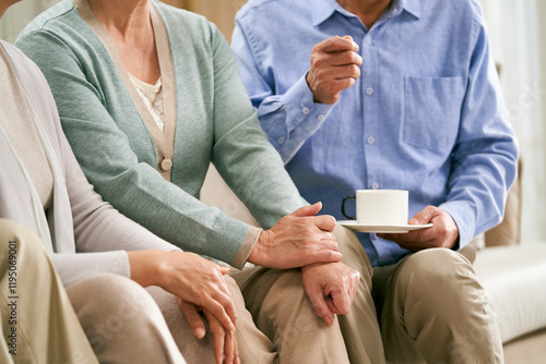 group of senior asian people chatting at home photo