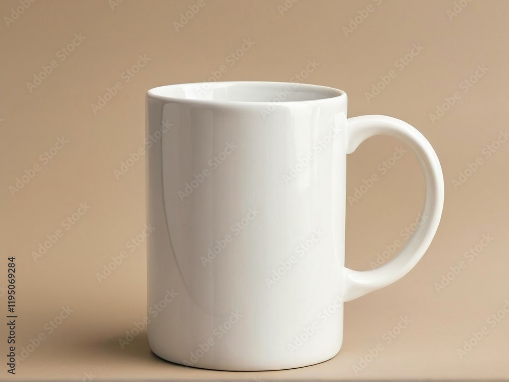 A plain white ceramic mug positioned on a soft beige background, ideal for showcasing beverage concepts A plain white ceramic mug positioned on a soft beige background, ideal for showcasing beverage concepts
