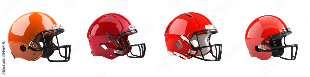 Fototapeta premium Glossy football helmets in various colors, showcasing detailed designs and finishes