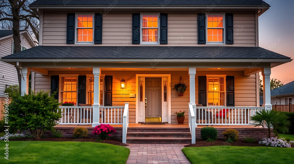 Obraz premium Dream House Exterior at Dusk: A Charming Home with a Welcoming Porch and Landscaped Garden